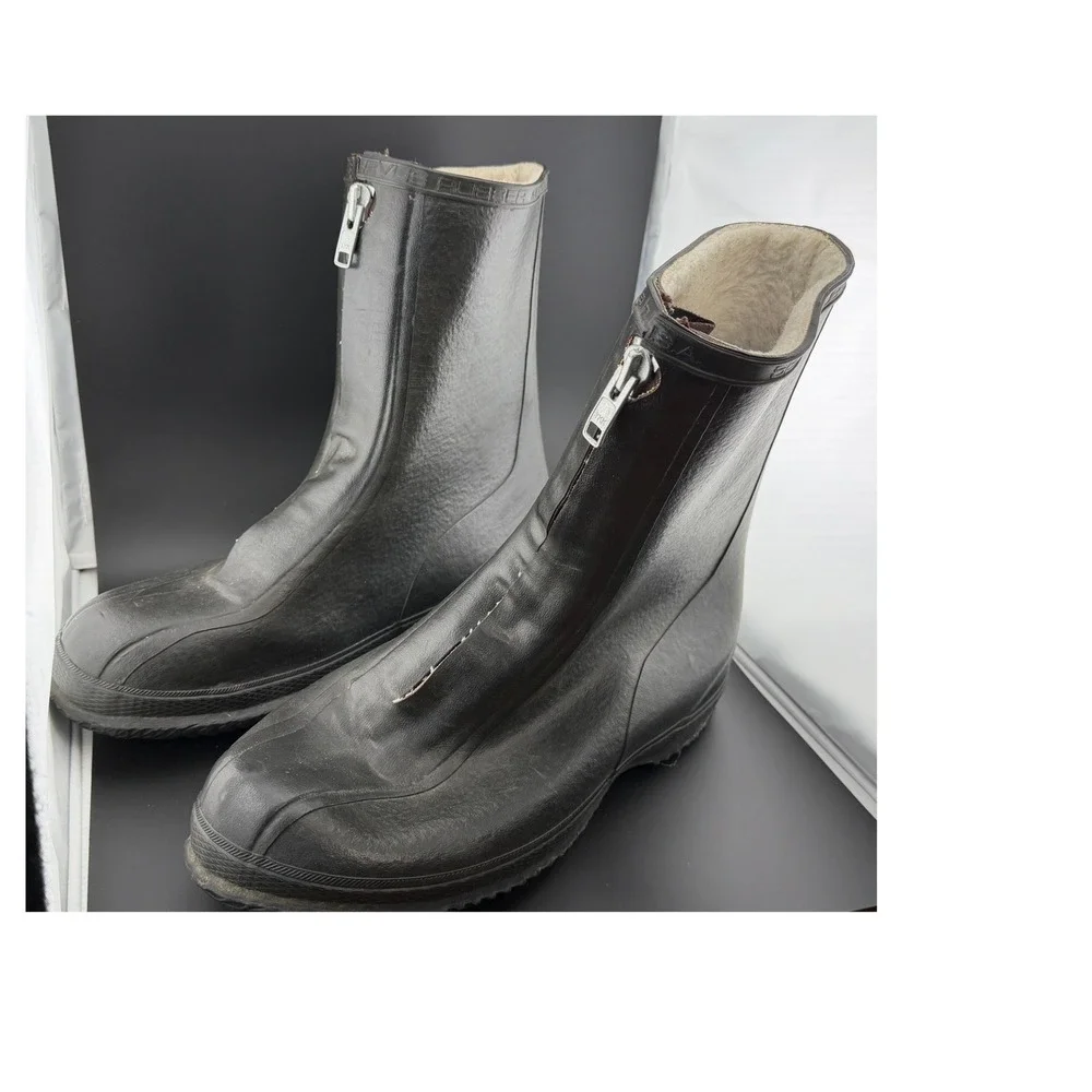 Servus Rubber: Black Zip Front Rain Boots, Fleece Lined Made in USA, Mens 9